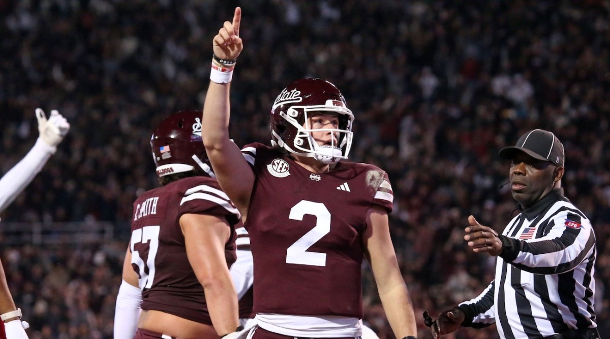 Nov 23, 2023; Starkville, Mississippi, USA; Mississippi State Bulldogs quarterback Will Rogers (2) reacts during the second half against the Mississippi Rebels at Davis Wade Stadium at Scott Field. Mandatory Credit: Petre Thomas-USA TODAY Sports